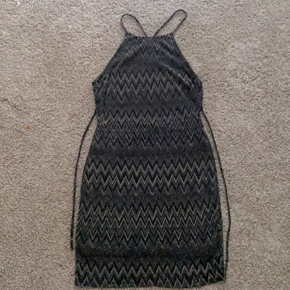 Black and gold sparkly backless tie up dress
